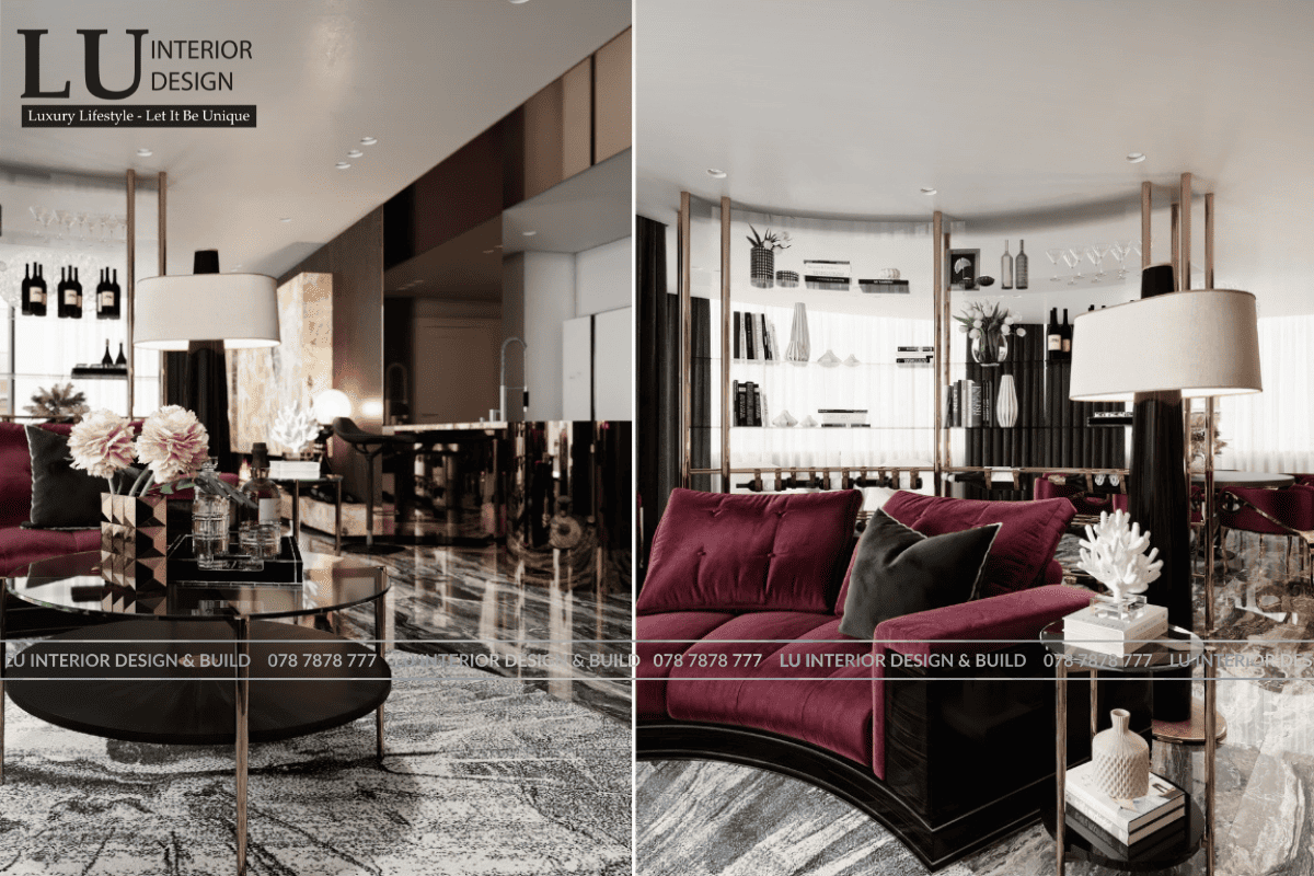  Thiết kế nội thất phòng khách penthouse Vũng Tàu phong cách modern classic tone đỏ với bàn trà kính và sàn đá marble cao cấp