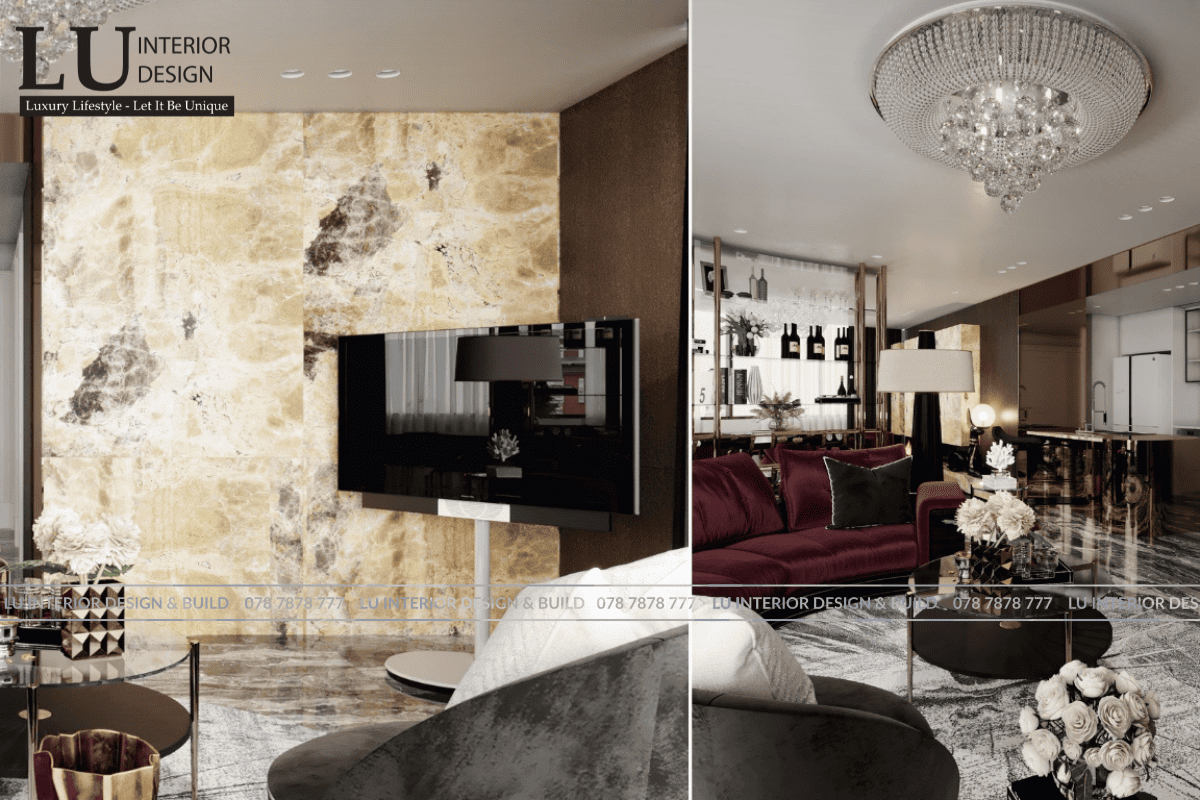Thiết kế phòng khách penthouse Vũng Tàu tone đỏ modern classic