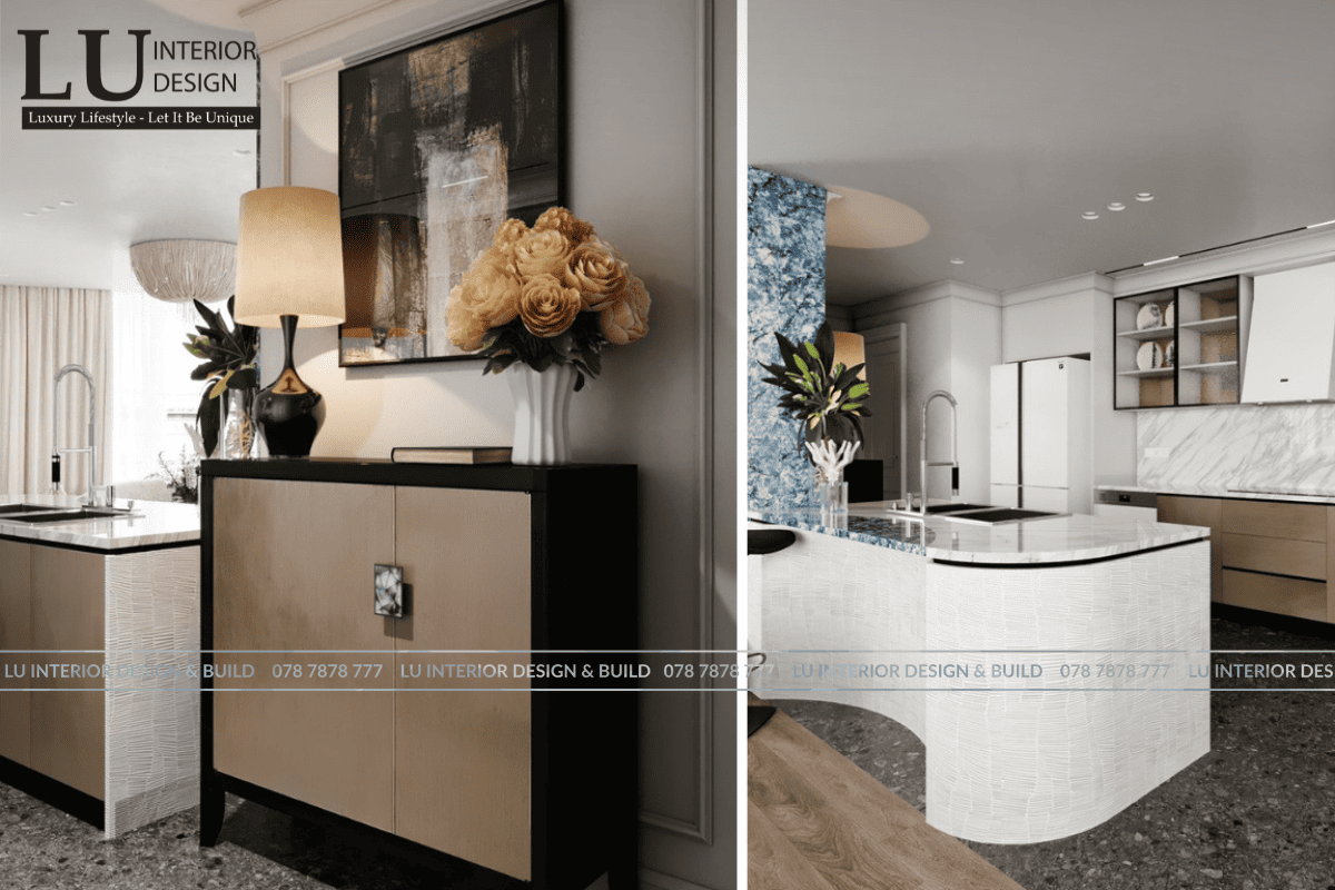 Thiết kế góc nhìn đảo bếp penthouse Vũng Tàu hiện đại cổ điển với tủ lưu trữ sang trọng và chi tiết decor tinh tế