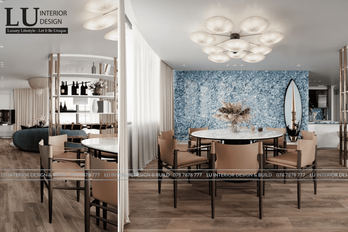  Thiết kế phòng ăn penthouse Vũng Tàu tone xanh với tường đá cẩm thạch xanh và bàn ăn tròn hiện đại