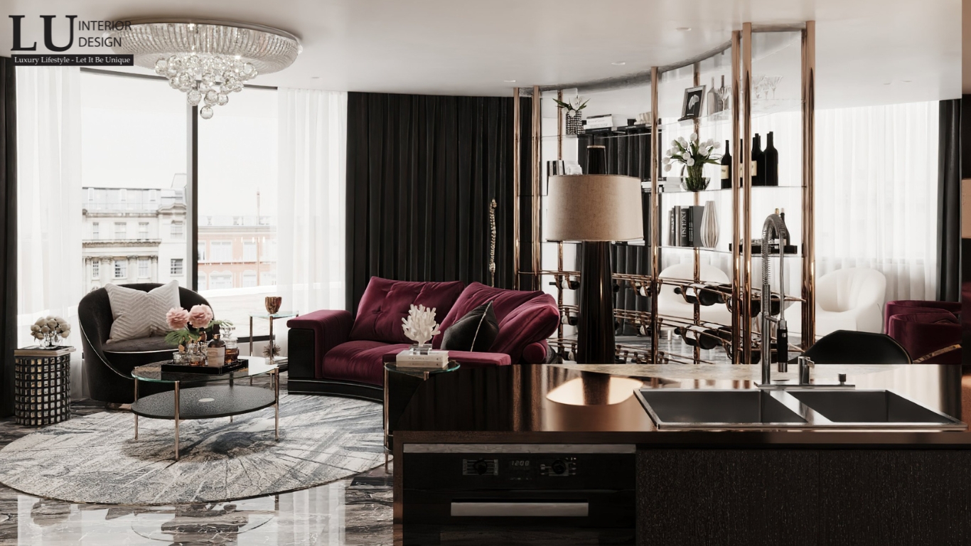 phòng khách và bếp penthouse Vũng Tàu tone đỏ thiết kế hiện đại cổ điển với sofa nhung