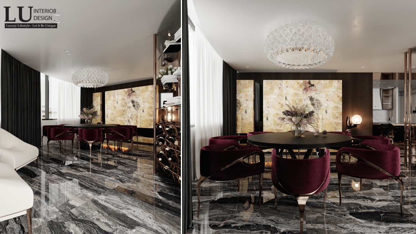 phòng ăn penthouse Vũng Tàu tone đỏ thiết kế modern classic với ghế nhung đỏ và đèn pha lê sang trọng