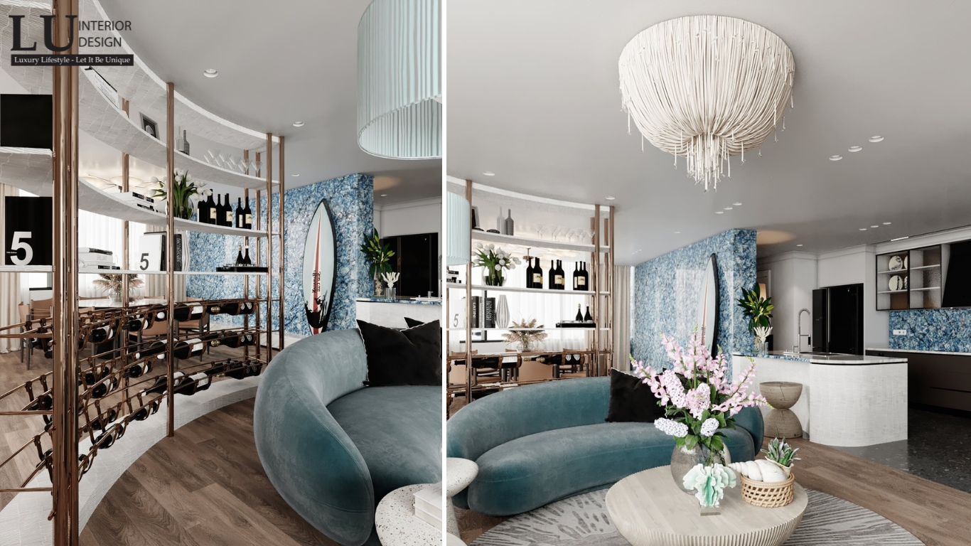 không gian phòng khách penthouse Vũng Tàu thiết kế modern classic với tường ốp đá xanh và kệ rượu nghệ thuật