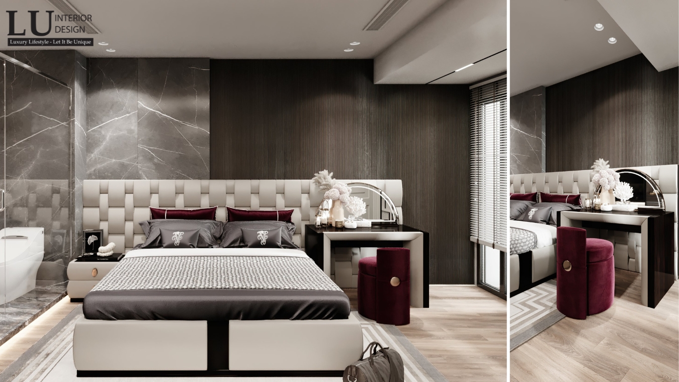 phòng ngủ master penthouse Vũng Tàu tone đỏ thiết kế modern classic với đầu giường bọc da và bàn phấn sang trọng