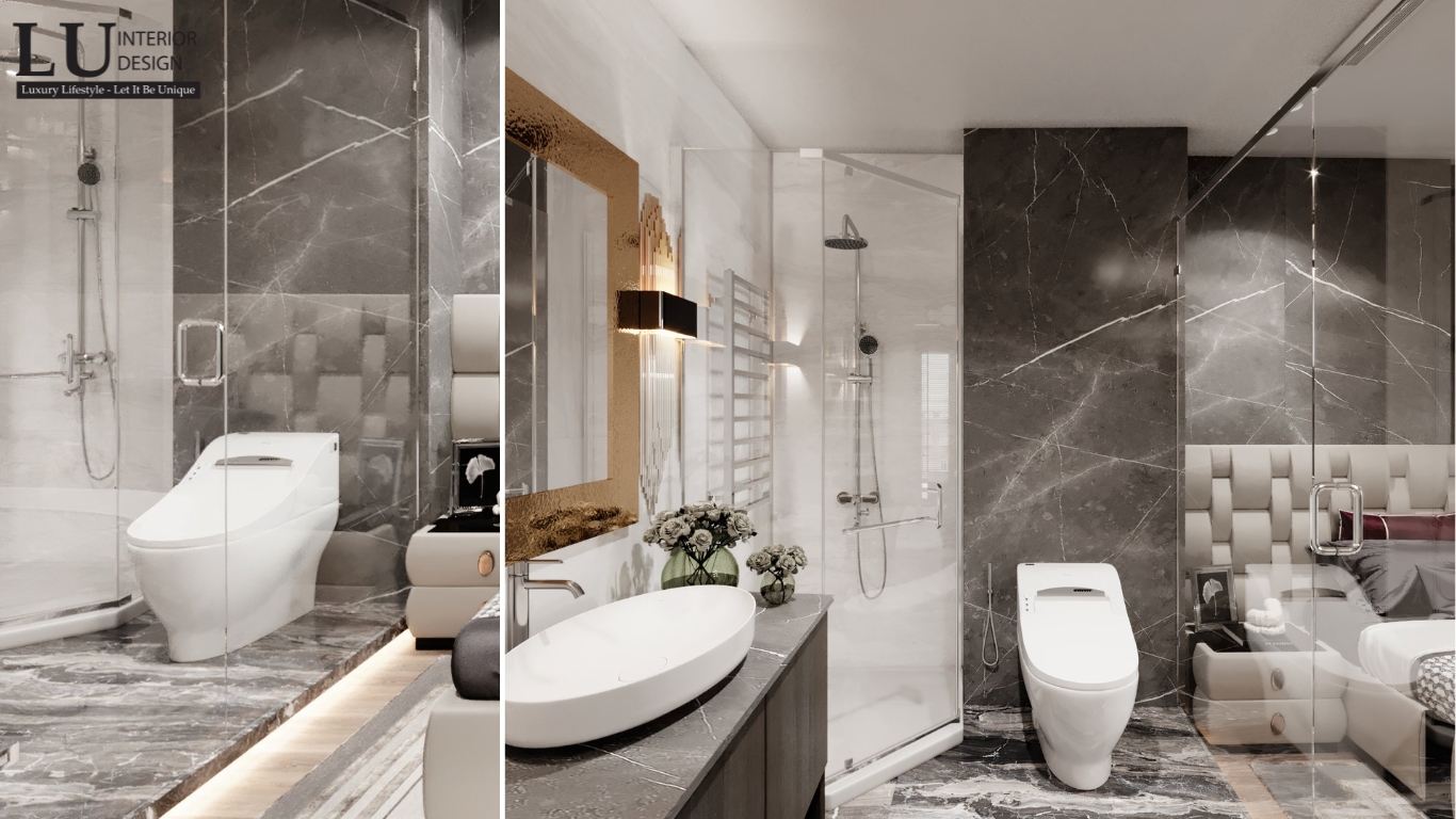 phòng tắm trong phòng ngủ master penthouse Vũng Tàu tone đỏ hiện đại với đá marble và thiết bị vệ sinh cao cấp
