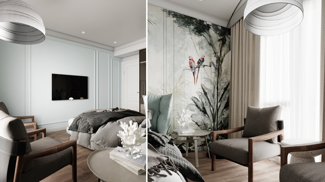 góc thư giãn phòng ngủ hiện đại cổ điển tone xanh penthouse Vũng Tàu với ghế bành gỗ và ánh sáng tự nhiên
