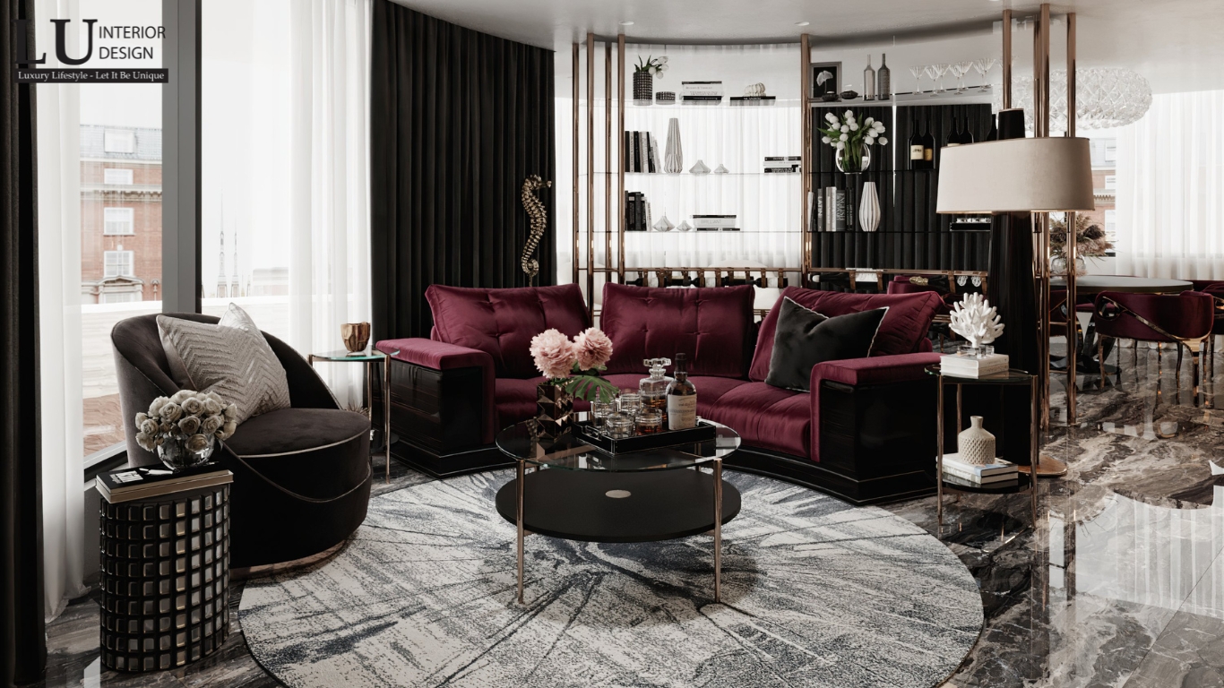 phòng khách penthouse Vũng Tàu tone đỏ rượu vang thiết kế modern classic với sofa nhung và kệ rượu sang trọng