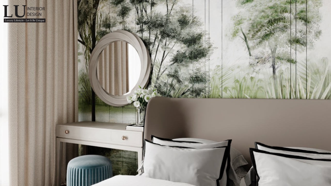không gian bàn trang điểm phòng ngủ penthouse Vũng Tàu tone xanh