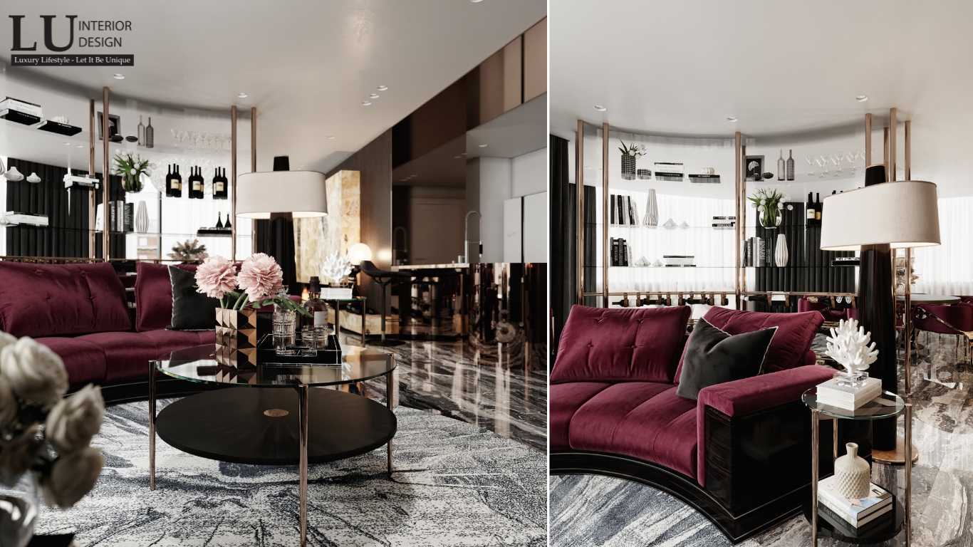  nội thất phòng khách penthouse Vũng Tàu phong cách modern classic tone đỏ với bàn trà kính và sàn đá marble cao cấp
