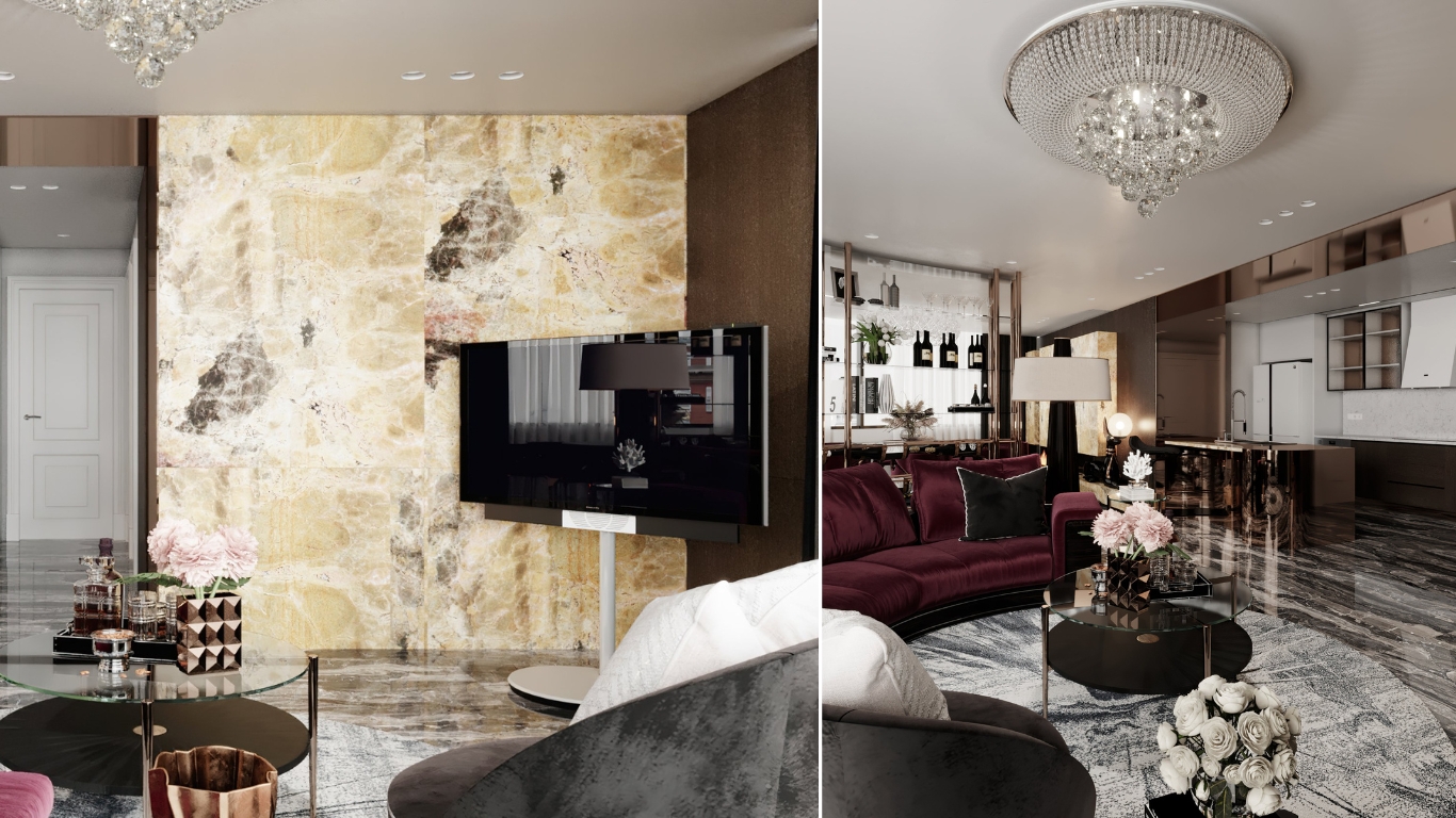 thiết kế phòng khách penthouse Vũng Tàu tone đỏ modern classic