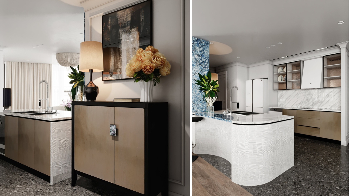  góc nhìn đảo bếp penthouse Vũng Tàu hiện đại cổ điển với tủ lưu trữ sang trọng và chi tiết decor tinh tế