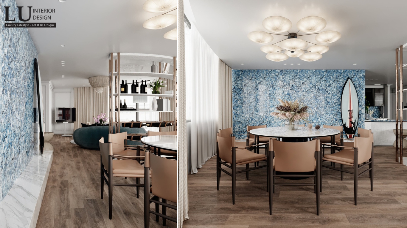  phòng ăn penthouse Vũng Tàu tone xanh với tường đá cẩm thạch xanh và bàn ăn tròn hiện đại