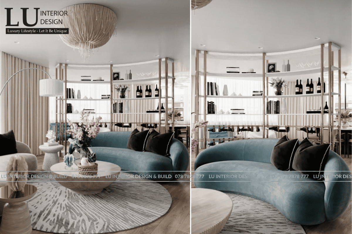 Thiết kế phòng khách tone xanh penthouse Vũng Tàu thiết kế hiện đại cổ điển với sofa cong và đèn chùm sang trọng