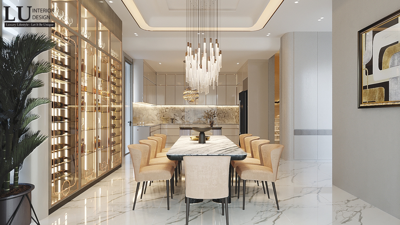 Không gian phòng ăn và bếp biệt thự Phú Mỹ Hưng với thiết kế Modern Classic