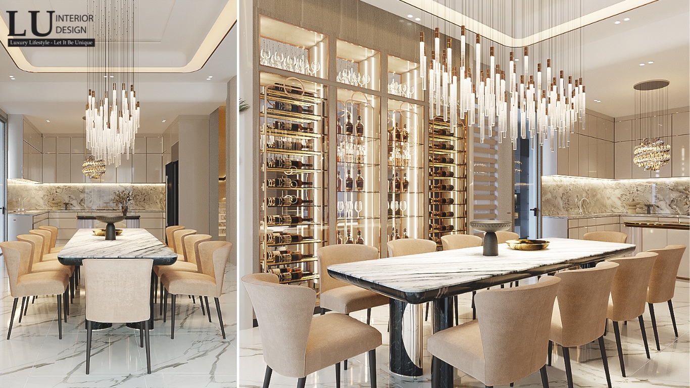Bếp và không gian phòng ăn biệt thự Phú Mỹ Hưng với thiết kế Modern Classic"