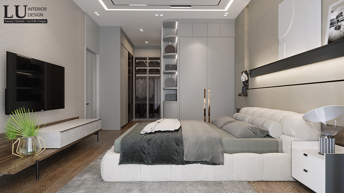 Phòng ngủ con trai biệt thự Phú Mỹ Hưng với hệ tủ quần áo và nội thất đơn giản