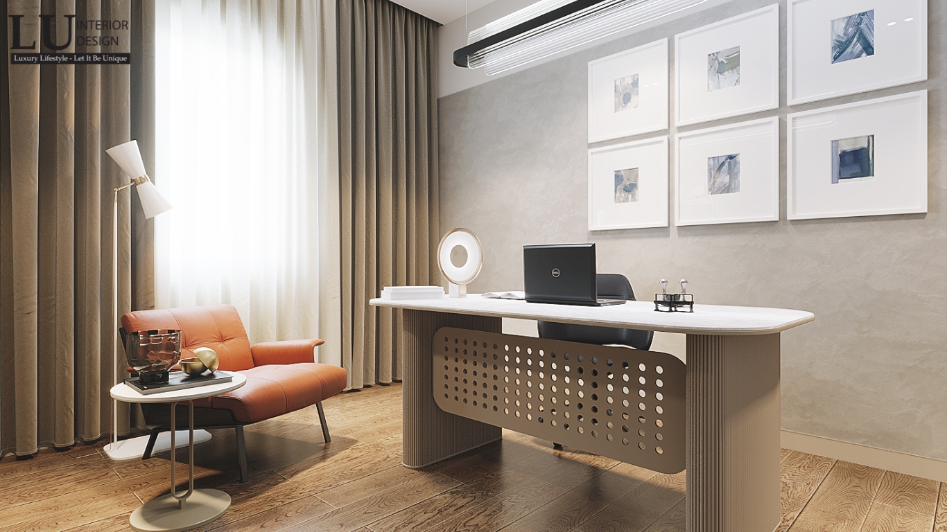 Phòng làm việc hiện đại với bàn làm việc kiểu Modern Classic trong biệt thự Phú Mỹ Hưng
