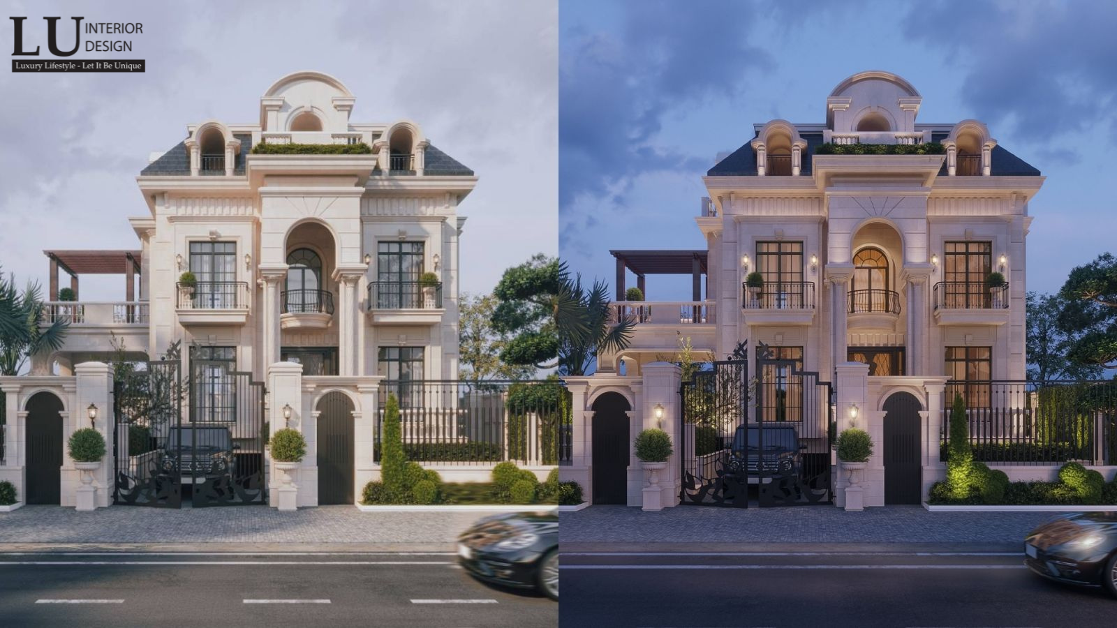 Thiết kế kiến trúc biệt thự Vincenzo theo phong cách Modern Classic của LU Design được phối cảnh ngày và đêm