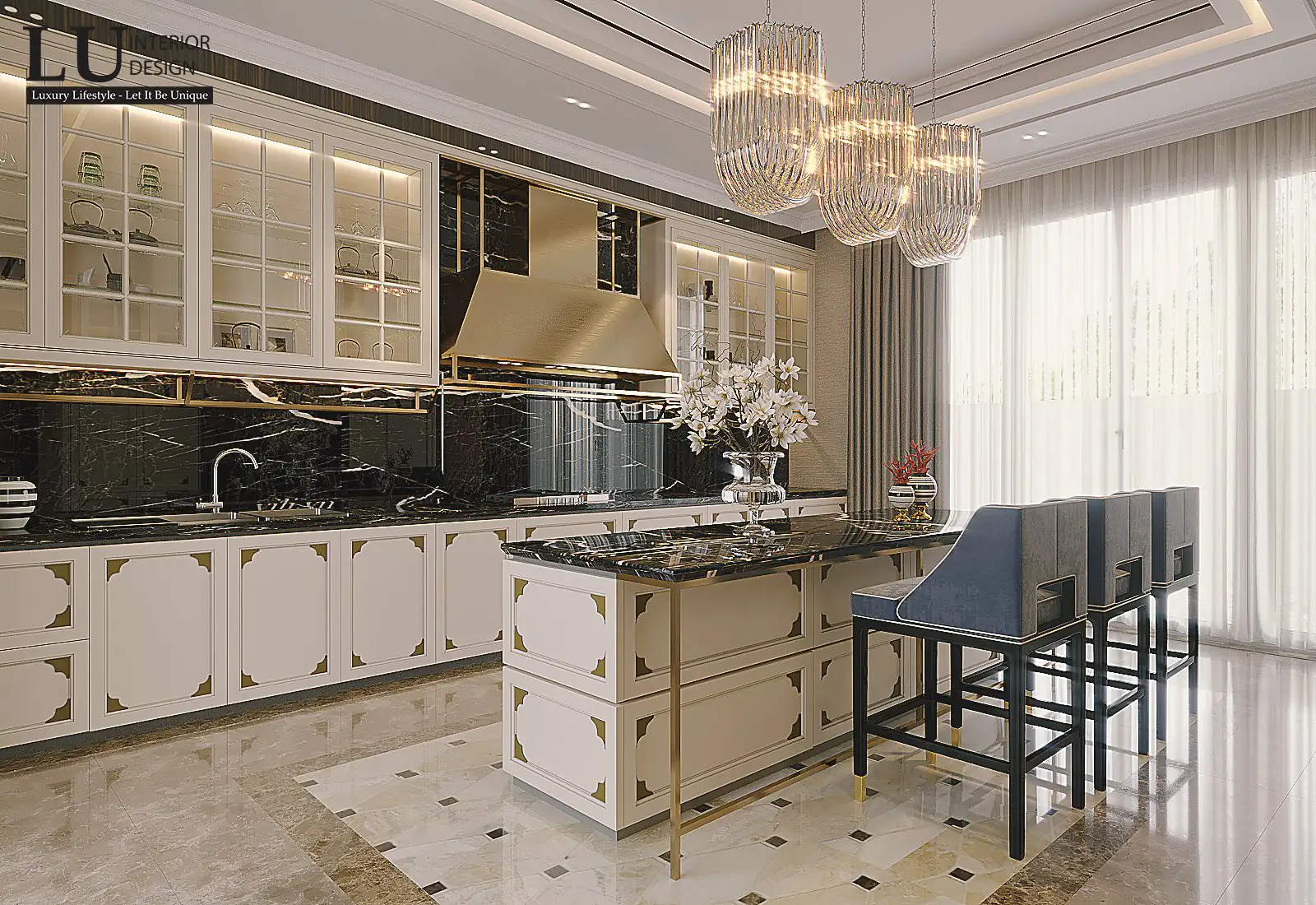 Đảo bếp mặt đá đen với ghế bar – thiết kế nội thất biệt thự Đồng Nai – LU Design