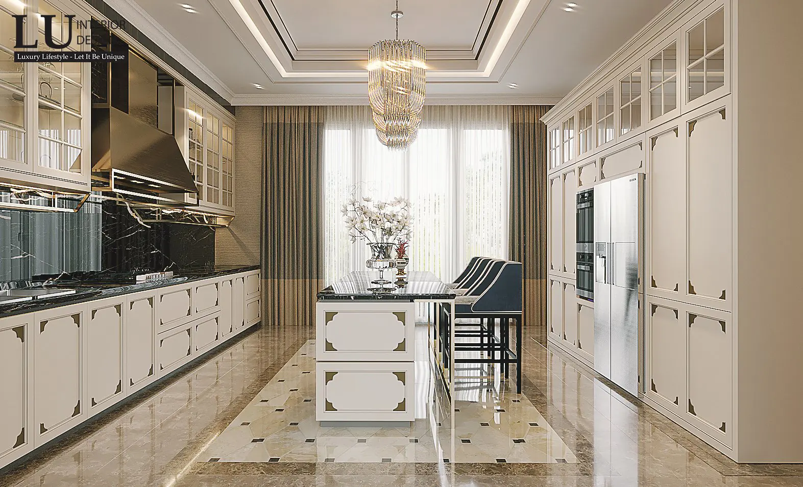 Bếp tủ kem nẹp đồng nhìn toàn cảnh – thiết kế nội thất biệt thự Đồng Nai – LU Design