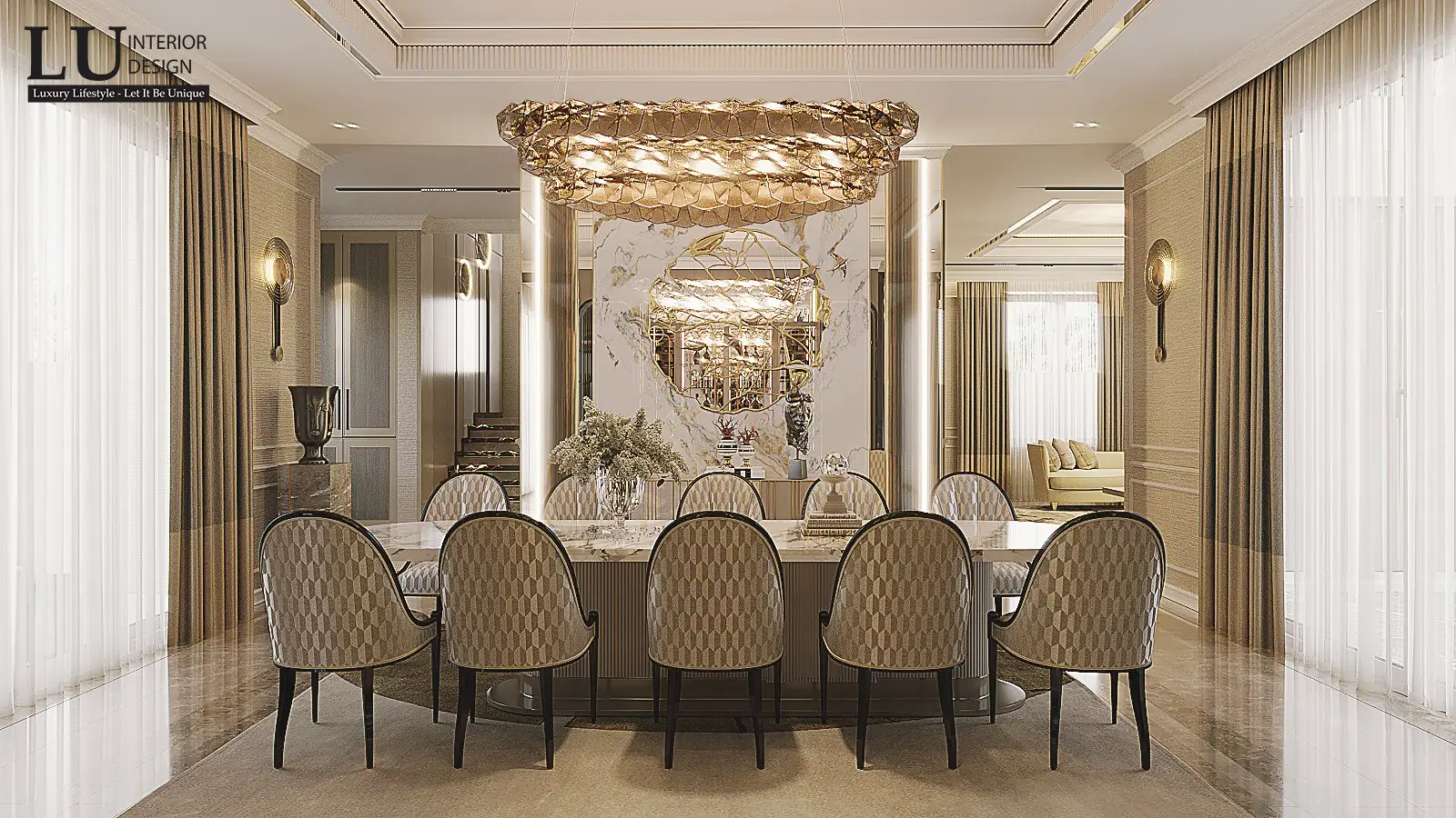 Bàn ăn mười ghế bọc vải – thiết kế nội thất biệt thự Đồng Nai – LU Design