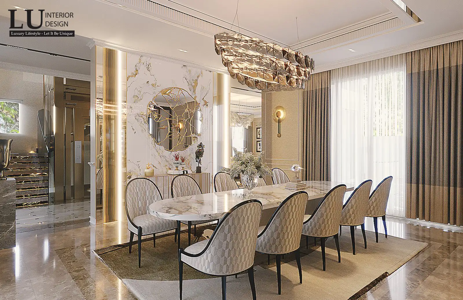 Phòng ăn bàn đá và đèn chùm – thiết kế nội thất biệt thự Đồng Nai – LU Design