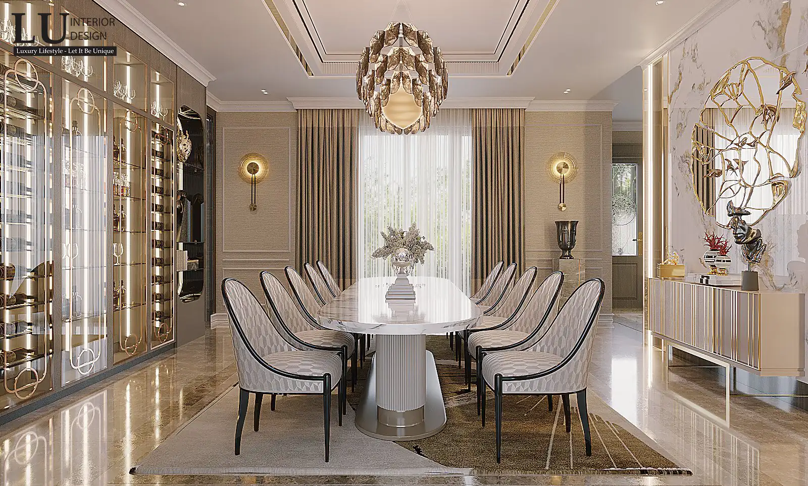 Tủ rượu kính đèn hắt trong phòng ăn – thiết kế nội thất biệt thự Đồng Nai – LU Design