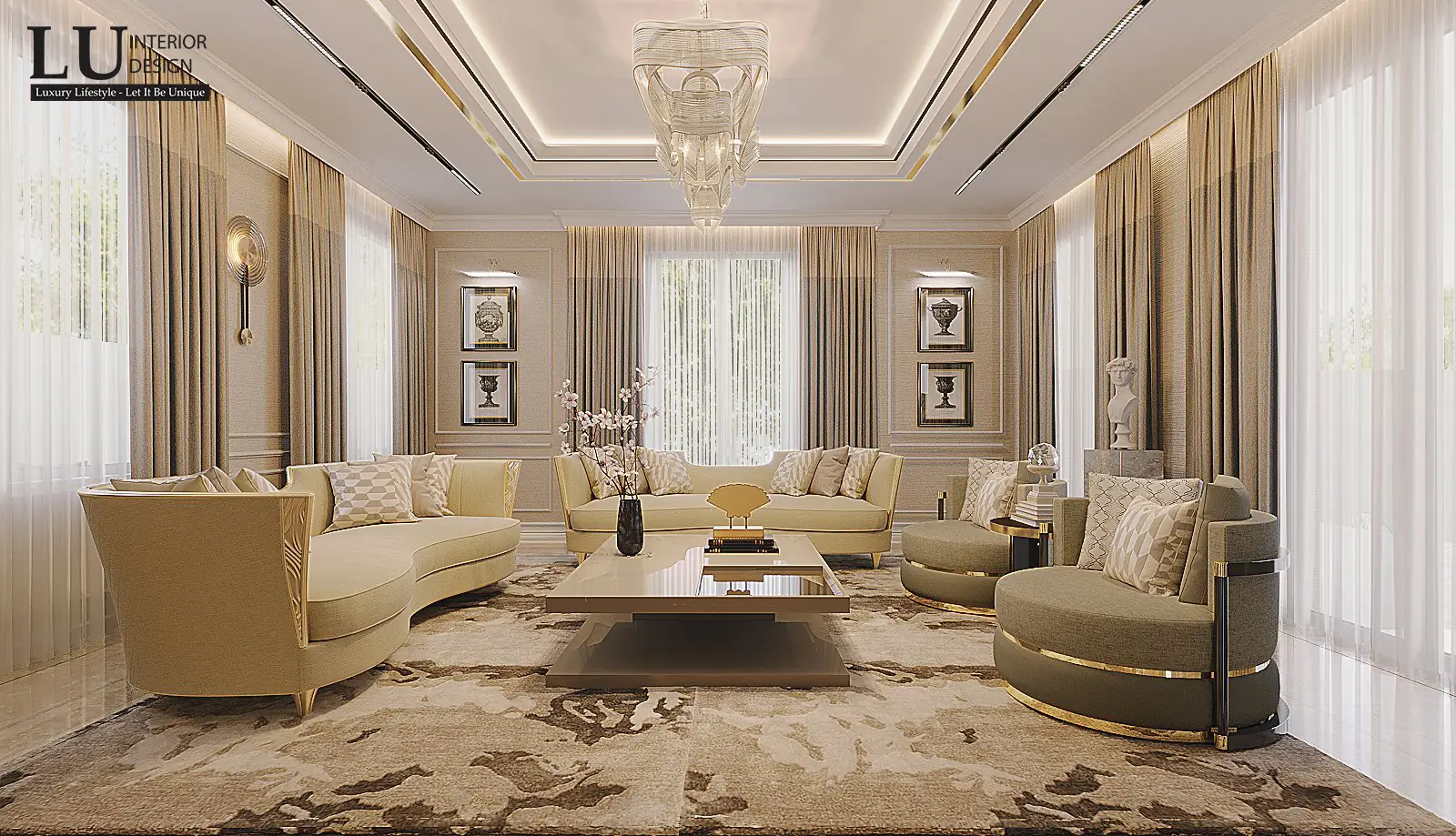 Phòng khách toàn cảnh với sofa kem và đèn chùm – thiết kế nội thất biệt thự Đồng Nai – LU Design