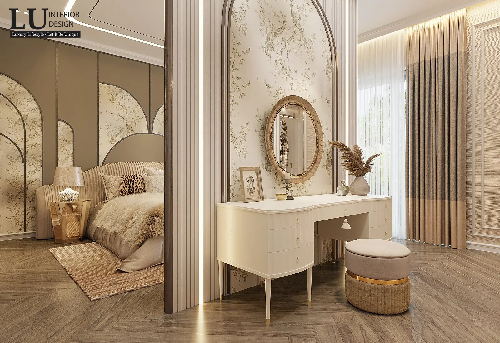 Bàn trang điểm màu kem phòng ngủ 1 – thiết kế nội thất biệt thự Đồng Nai – LU Design