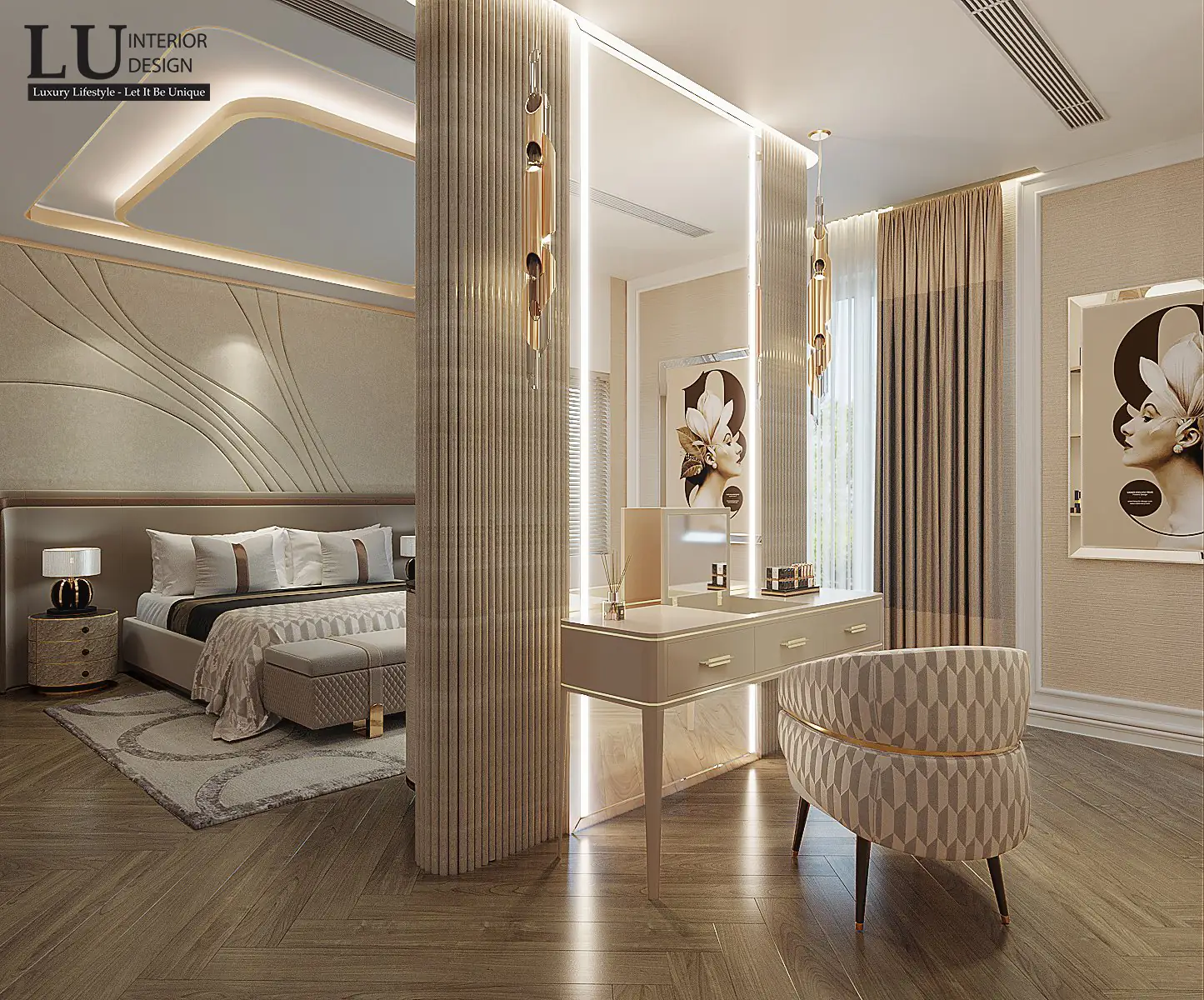 Bàn trang điểm sau vách chia phòng ngủ 2 – thiết kế nội thất biệt thự Đồng Nai – LU Design