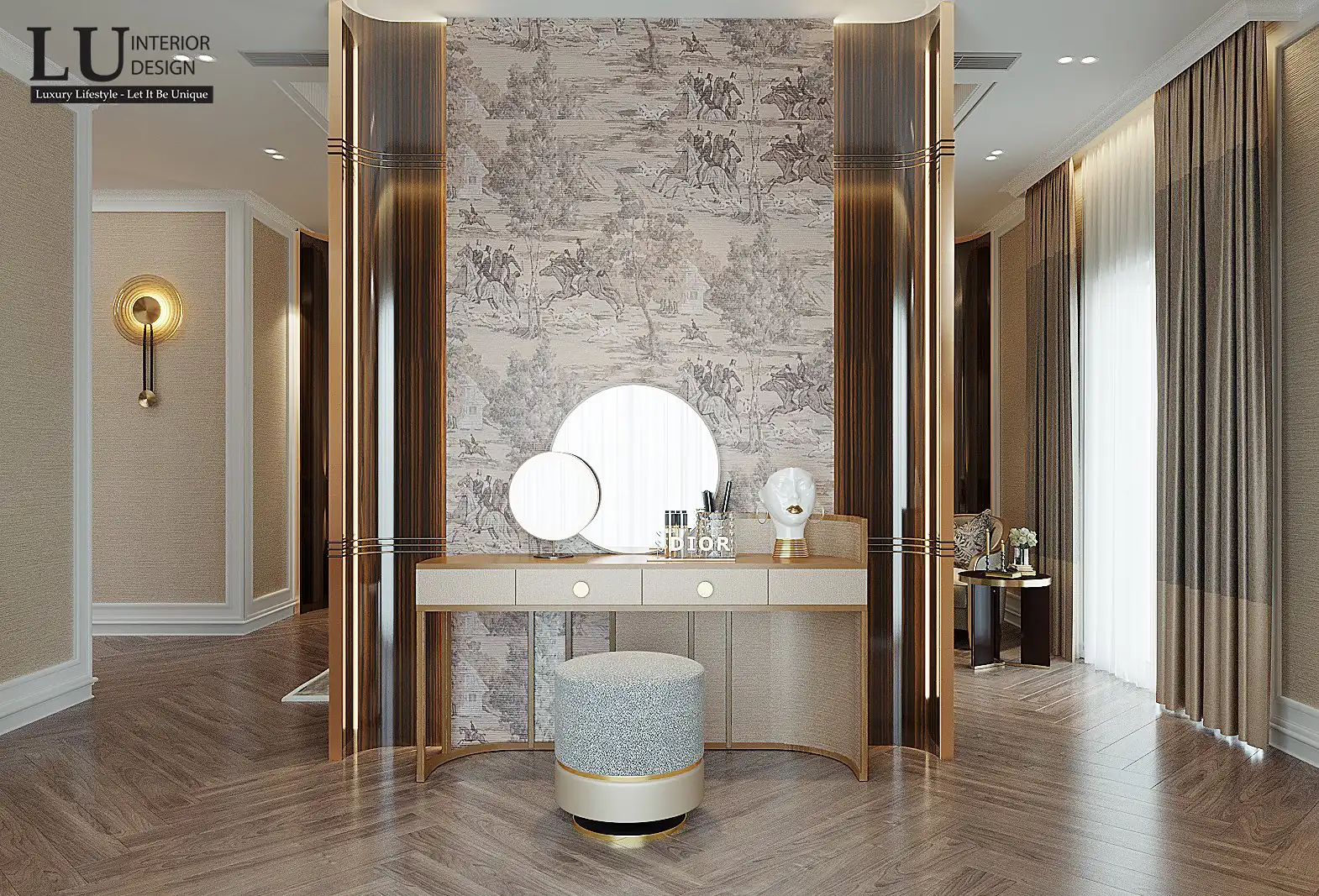 Bàn trang điểm gương tròn – thiết kế nội thất biệt thự Đồng Nai – LU Design