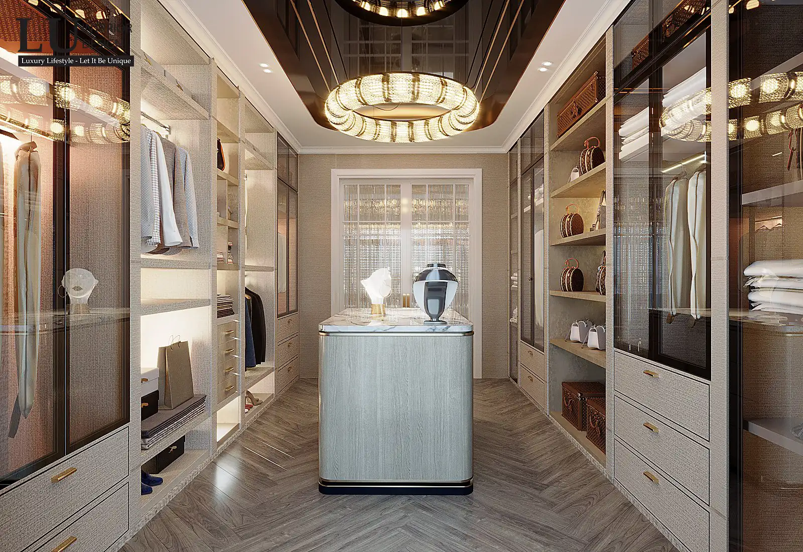 Tủ kính và kệ trưng bày phòng thay đồ – thiết kế nội thất biệt thự Đồng Nai – LU Design