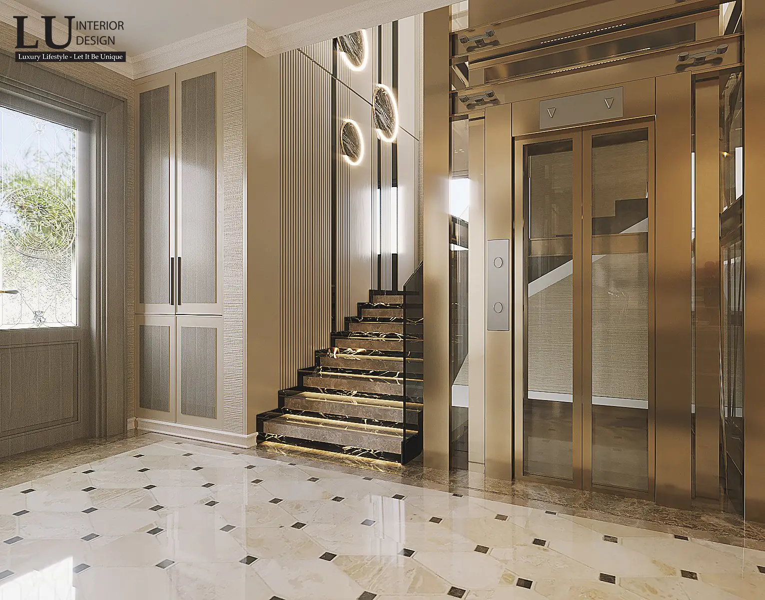Cầu thang và thang máy ốp đồng – thiết kế nội thất biệt thự Đồng Nai – LU Design