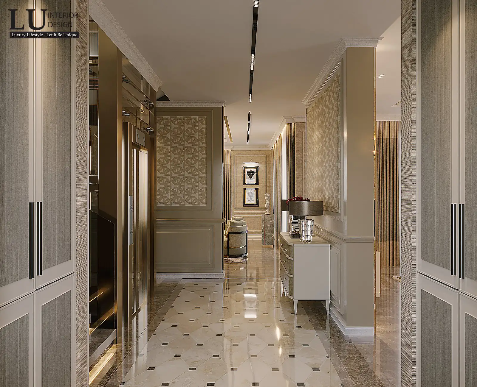 Hành lang lát đá dẫn vào phòng khách – thiết kế nội thất biệt thự Đồng Nai – LU Design