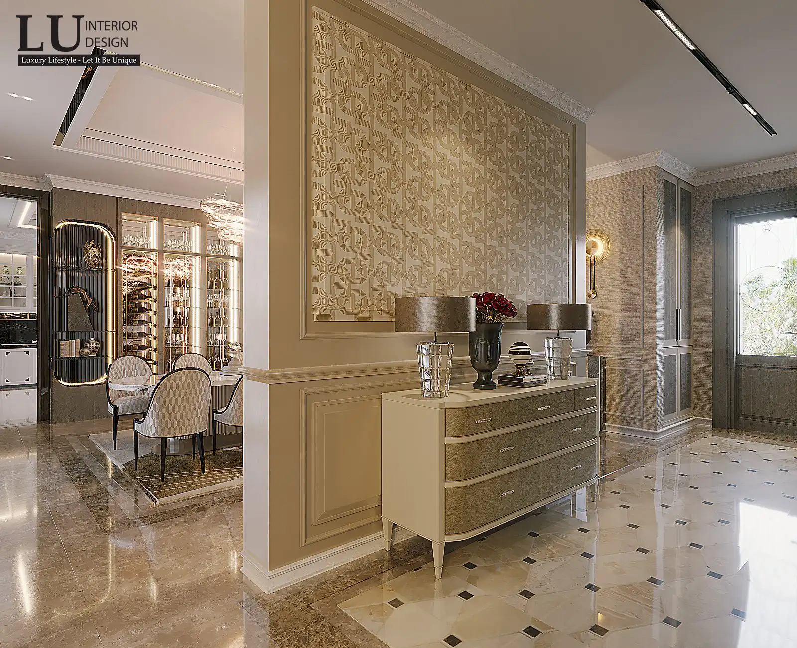 Sảnh với tủ console trên vách hoa văn – thiết kế nội thất biệt thự Đồng Nai – LU Design