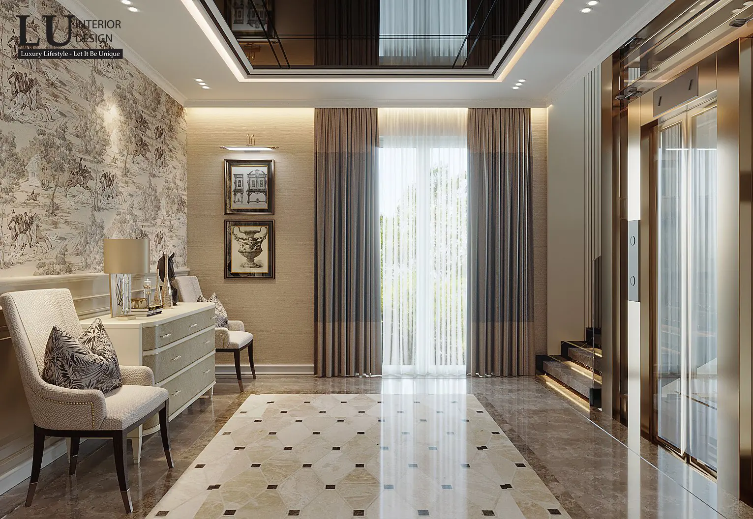 Sảnh phòng master với ghế đôn và tủ console – thiết kế nội thất biệt thự Đồng Nai – LU Design