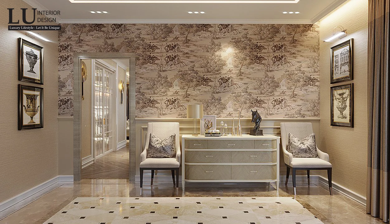 Vách giấy hoa ở sảnh phòng master – thiết kế nội thất biệt thự Đồng Nai – LU Design