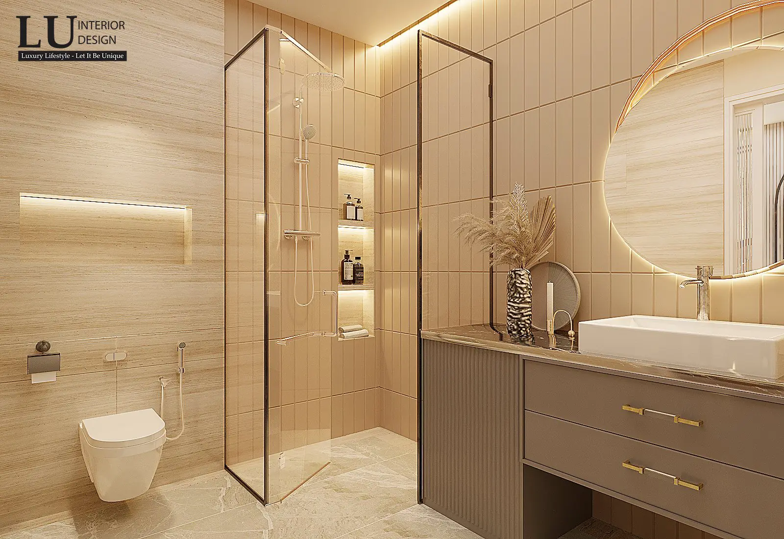 Phòng tắm vách kính ốp đá vân gỗ – thiết kế nội thất biệt thự Đồng Nai – LU Design