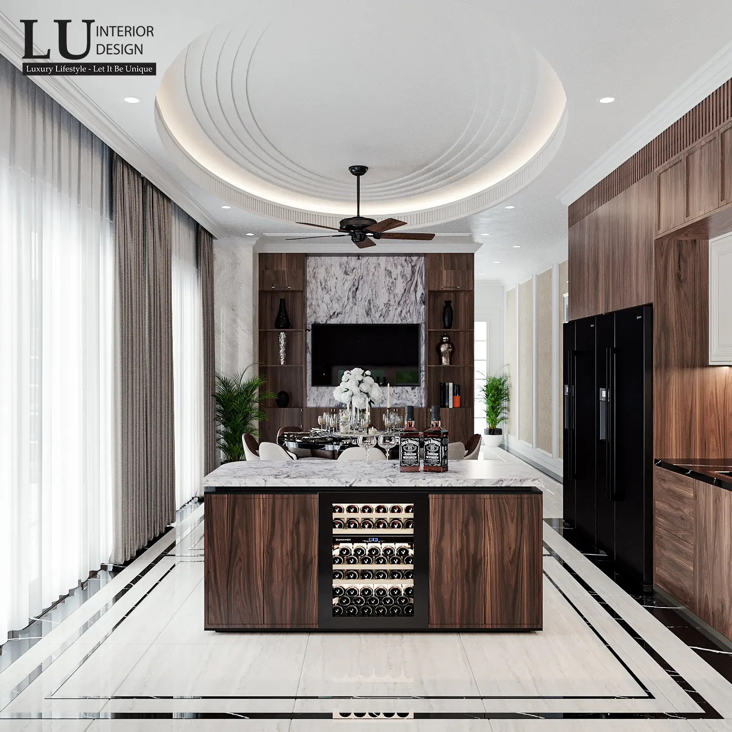 Đảo bếp có tủ rượu – thiết kế nội thất biệt thự Khang Điền Quận 9 – LU Design