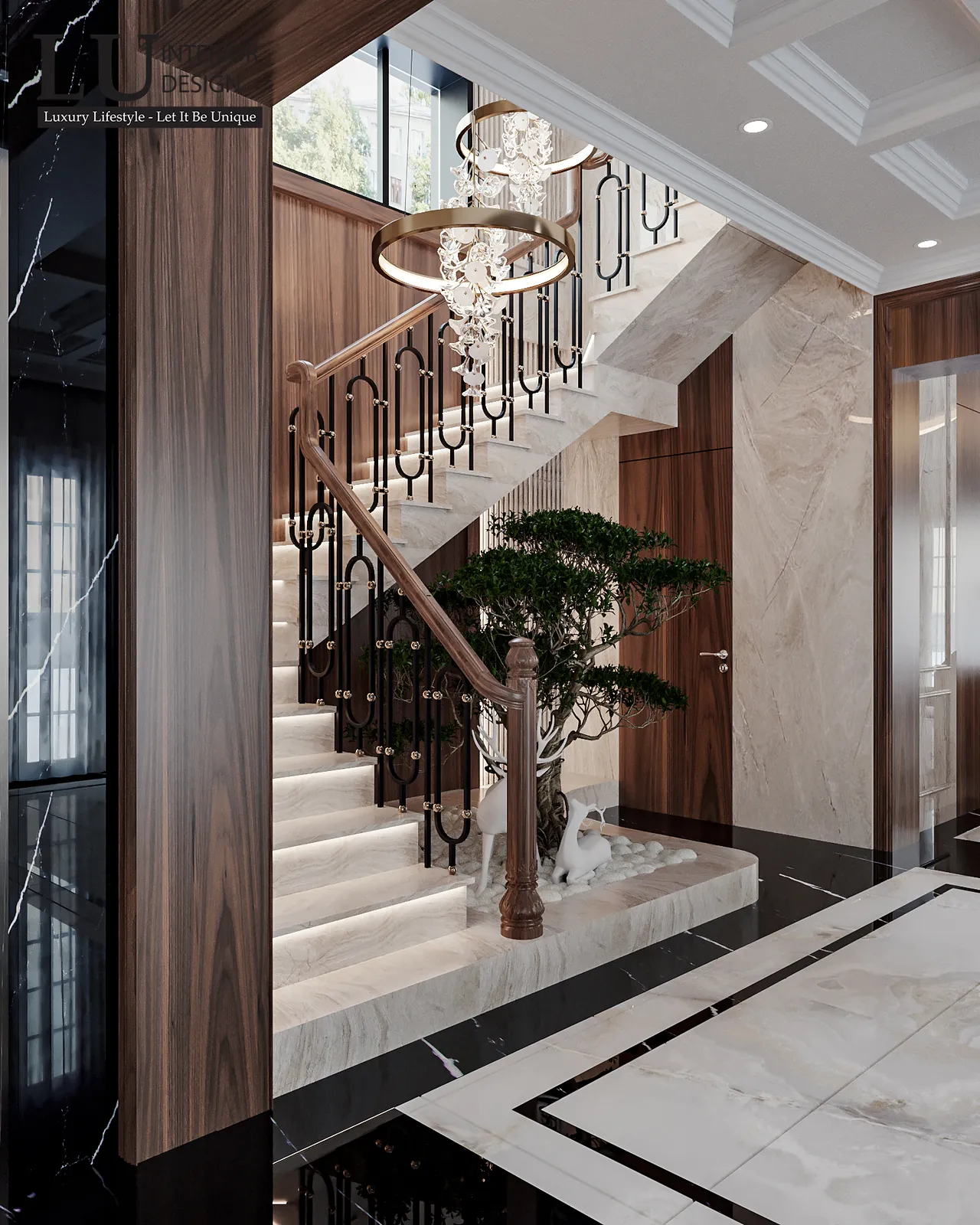 Cầu thang lan can gỗ óc chó – thiết kế nội thất biệt thự Khang Điền Quận 9 – LU Design