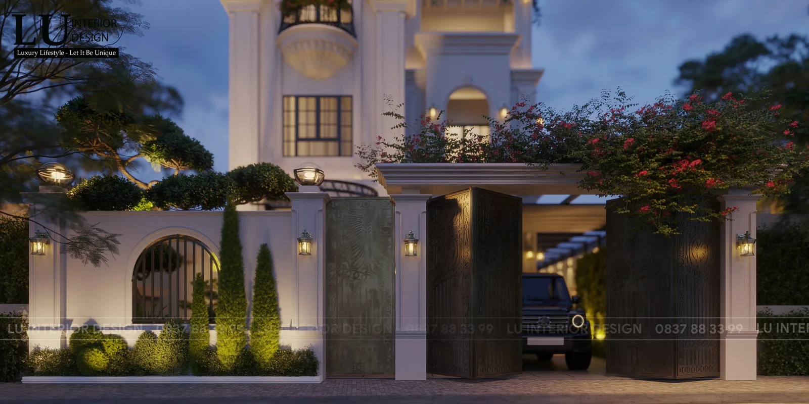 Cổng có giàn hoa giấy – thiết kế nội thất biệt thự Khang Điền Quận 9 – LU Design