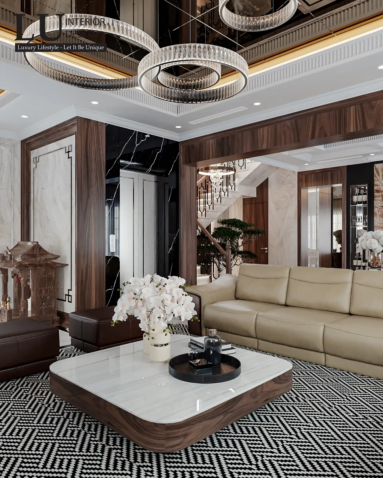 Ghế đôn bọc da trên thảm hoa văn – thiết kế nội thất biệt thự Khang Điền Quận 9 – LU Design