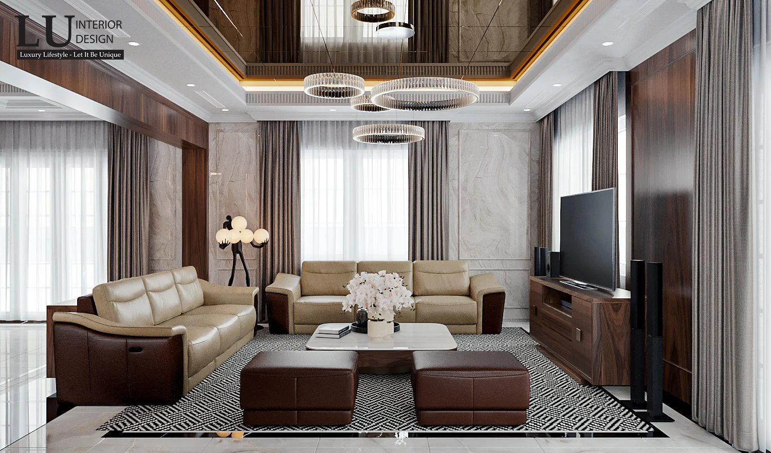 Phòng khách ốp gỗ óc chó nhìn toàn cảnh – thiết kế nội thất biệt thự Khang Điền Quận 9 – LU Design