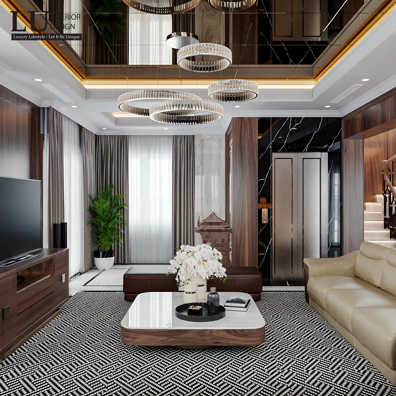Trần gương và đèn vòng phòng khách – thiết kế nội thất biệt thự Khang Điền Quận 9 – LU Design