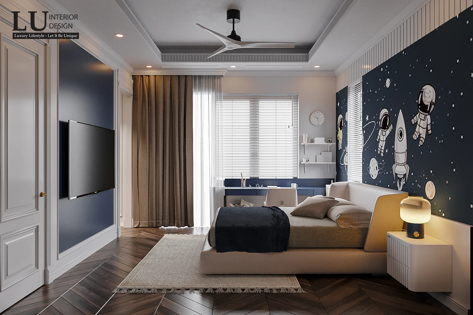 Phòng ngủ con trai nhìn toàn cảnh – thiết kế nội thất biệt thự Khang Điền Quận 9 – LU Design