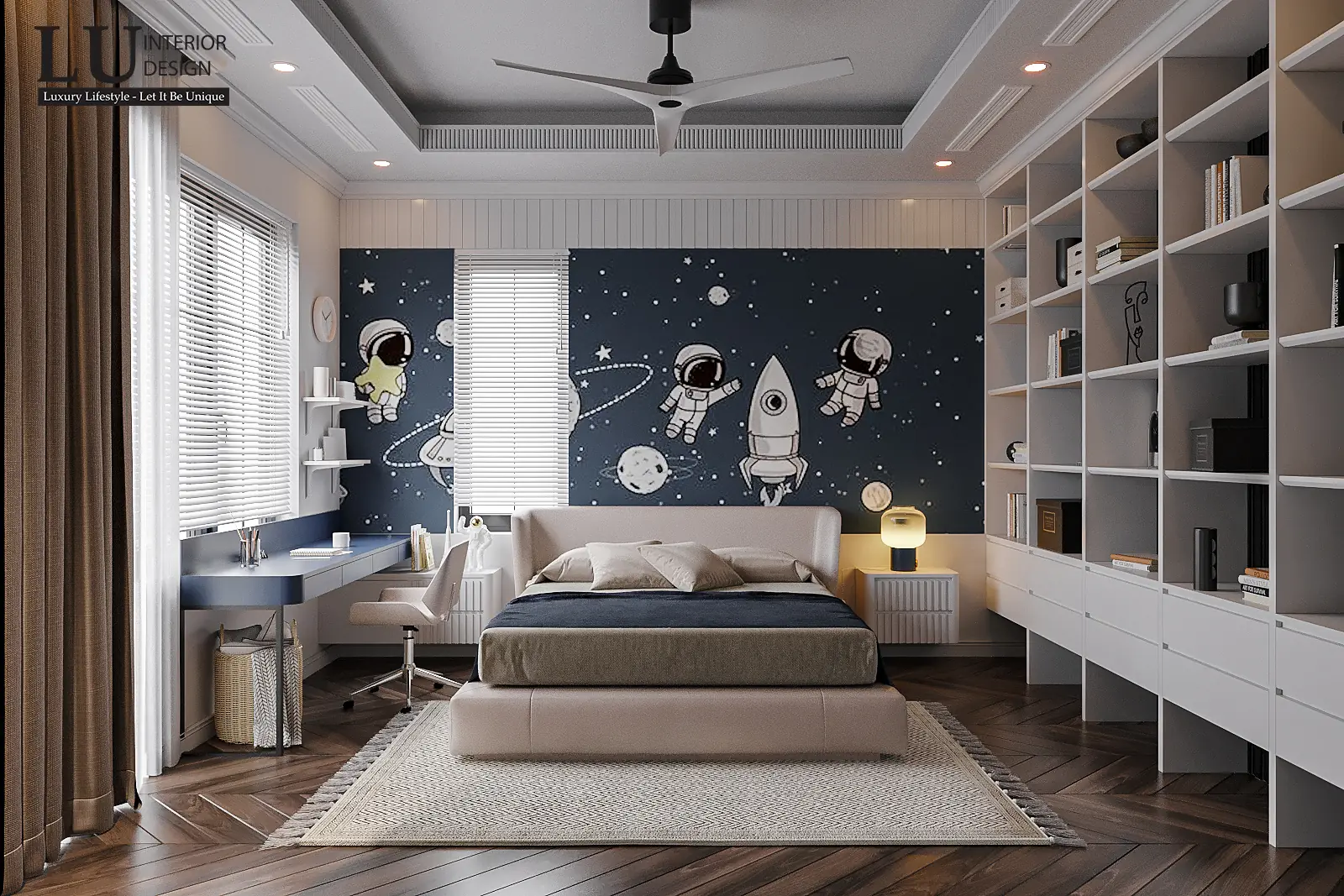 Tường vẽ chủ đề vũ trụ – thiết kế nội thất biệt thự Khang Điền Quận 9 – LU Design