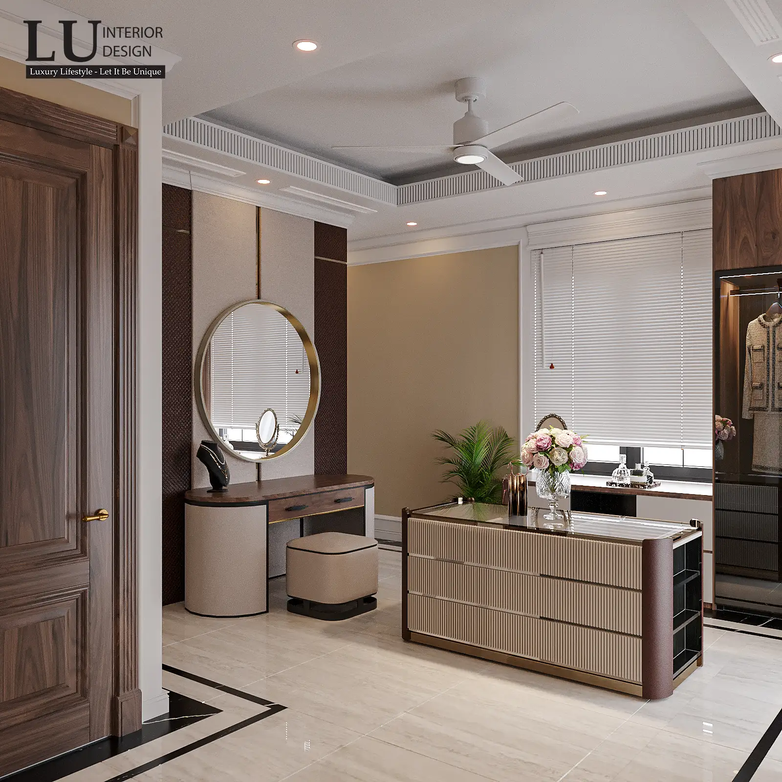 Bàn trang điểm gương tròn – thiết kế nội thất biệt thự Khang Điền Quận 9 – LU Design