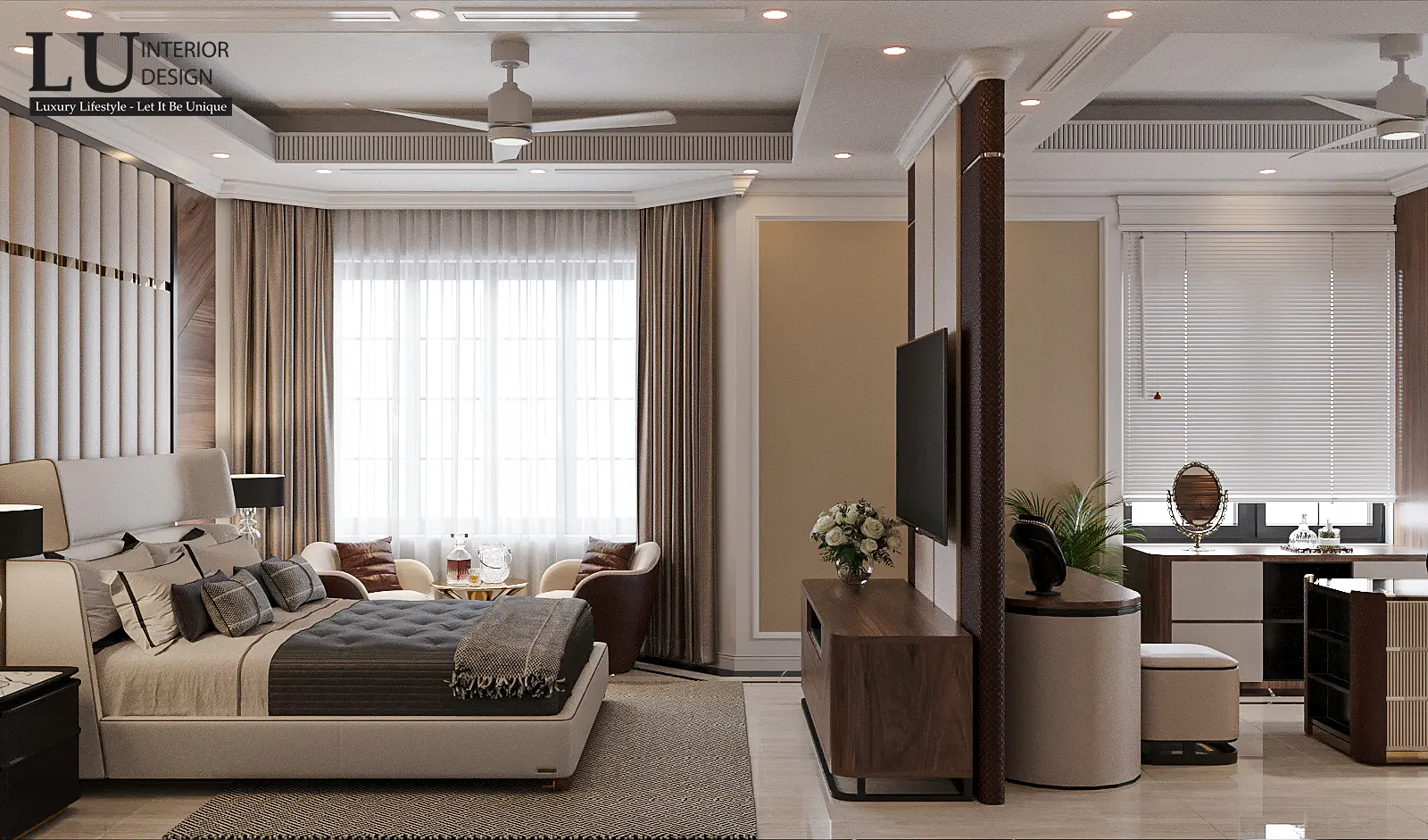 Phòng ngủ master nhìn toàn cảnh – thiết kế nội thất biệt thự Khang Điền Quận 9 – LU Design