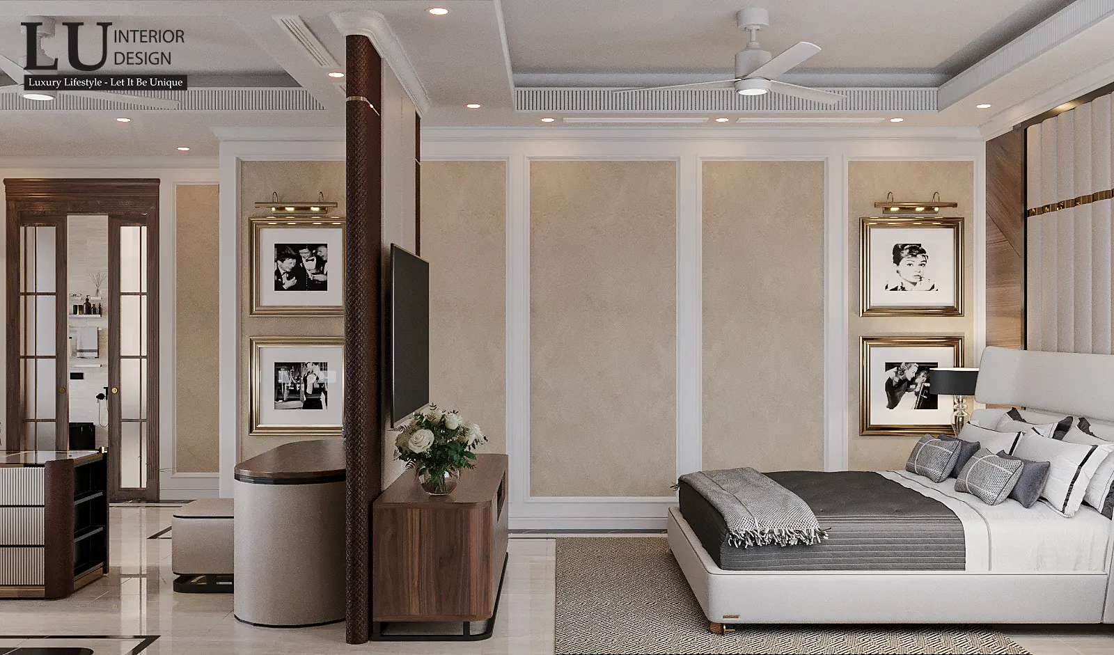 Vách tranh trắng đen phòng master – thiết kế nội thất biệt thự Khang Điền Quận 9 – LU Design