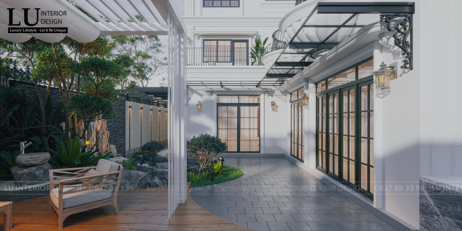 Cửa kính khung đen ra sân hiên – thiết kế nội thất biệt thự Khang Điền Quận 9 – LU Design